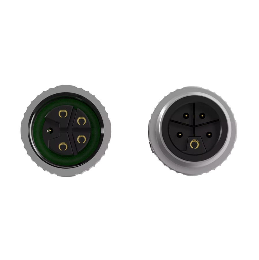 Two electrical connectors, one green and one black, on a white background
