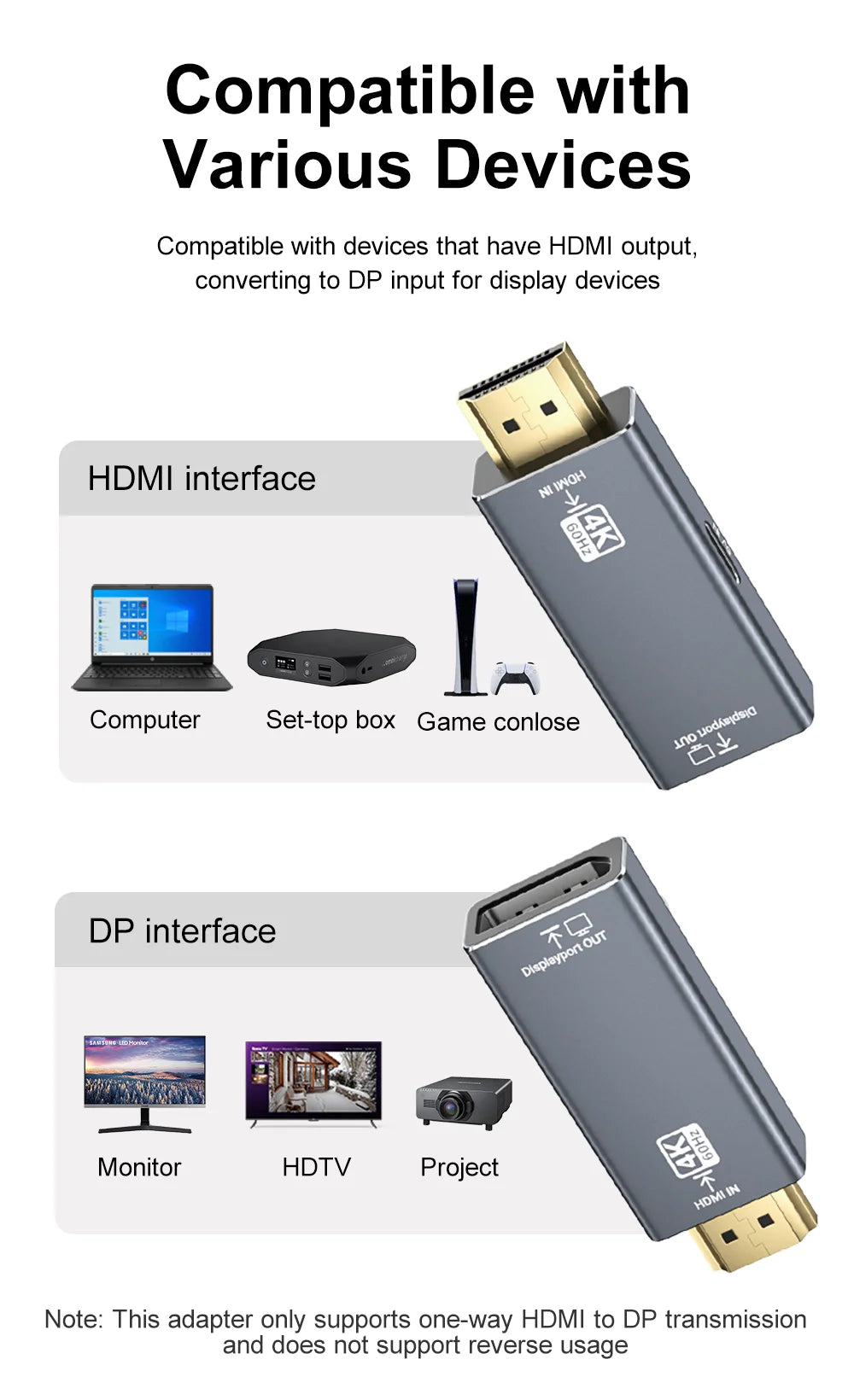HDMI Source to DP Monitor Adapter | 4K 60Hz Uni-Directional Male-to-Female Converter