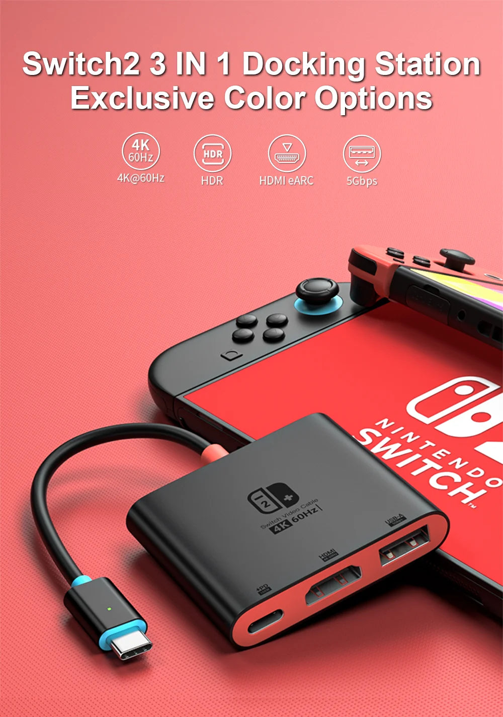 3-in-1 Switch Docking Station – 4K 60Hz UHD Screen Mirroring & Multi-Function Charging Adapter for Nintendo Switch 2 / TV
