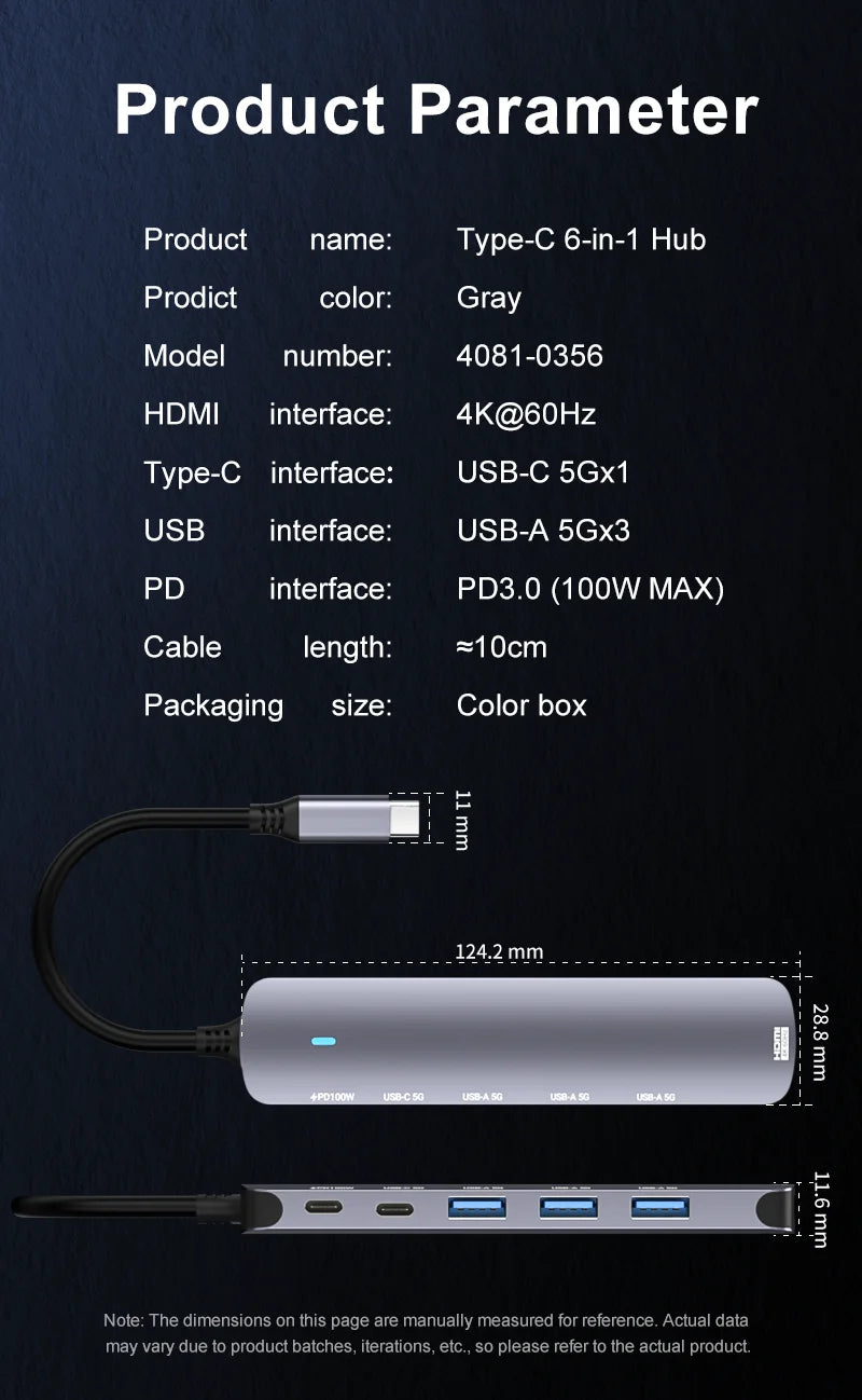 6-in-1 USB-C Hub with HDMI 4K 60Hz, USB Type-C Multiport Adapter