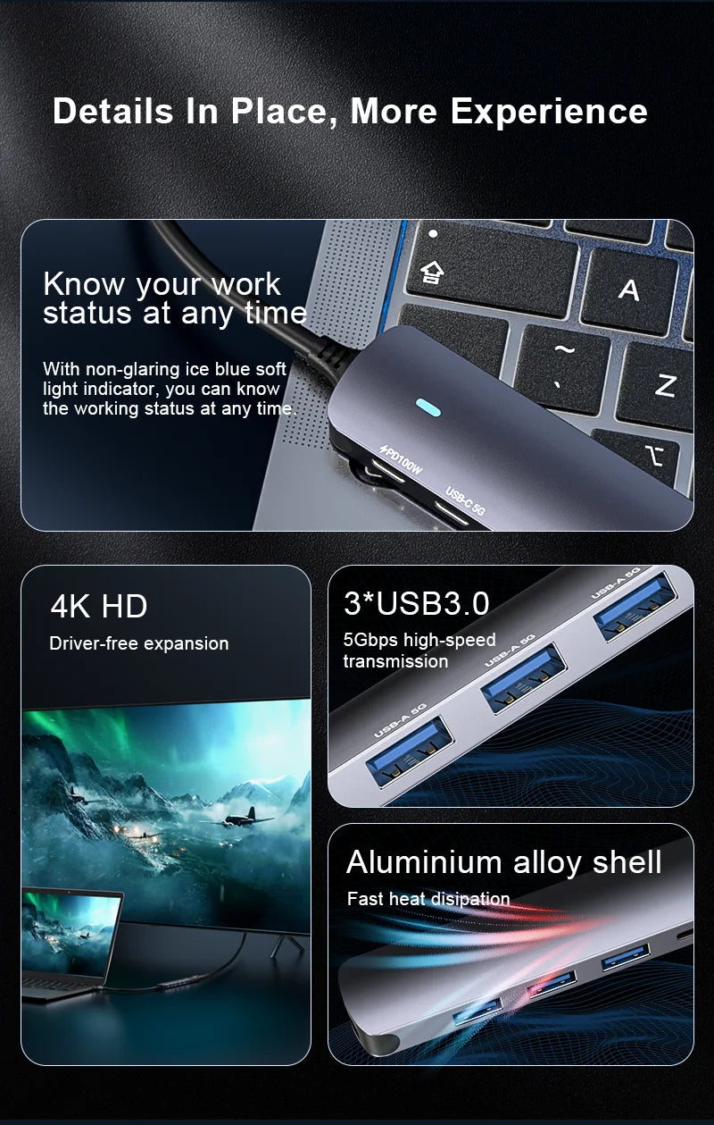 6-in-1 USB-C Hub with HDMI 4K 60Hz, USB Type-C Multiport Adapter