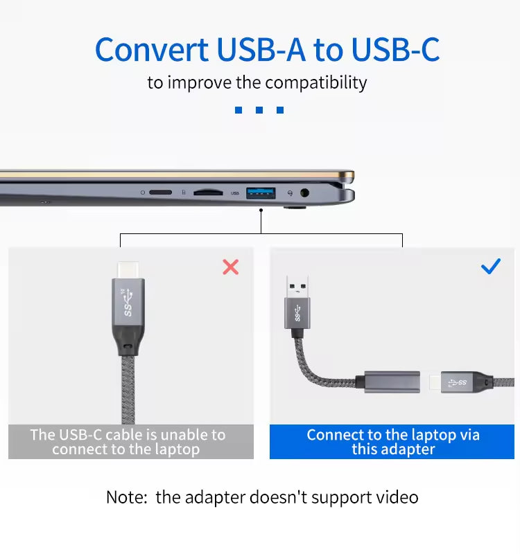 USB-A to USB-C 3.1 Adapter Cable – 5Gbps High Speed, 20V 3A Fast Charge, Braided Design