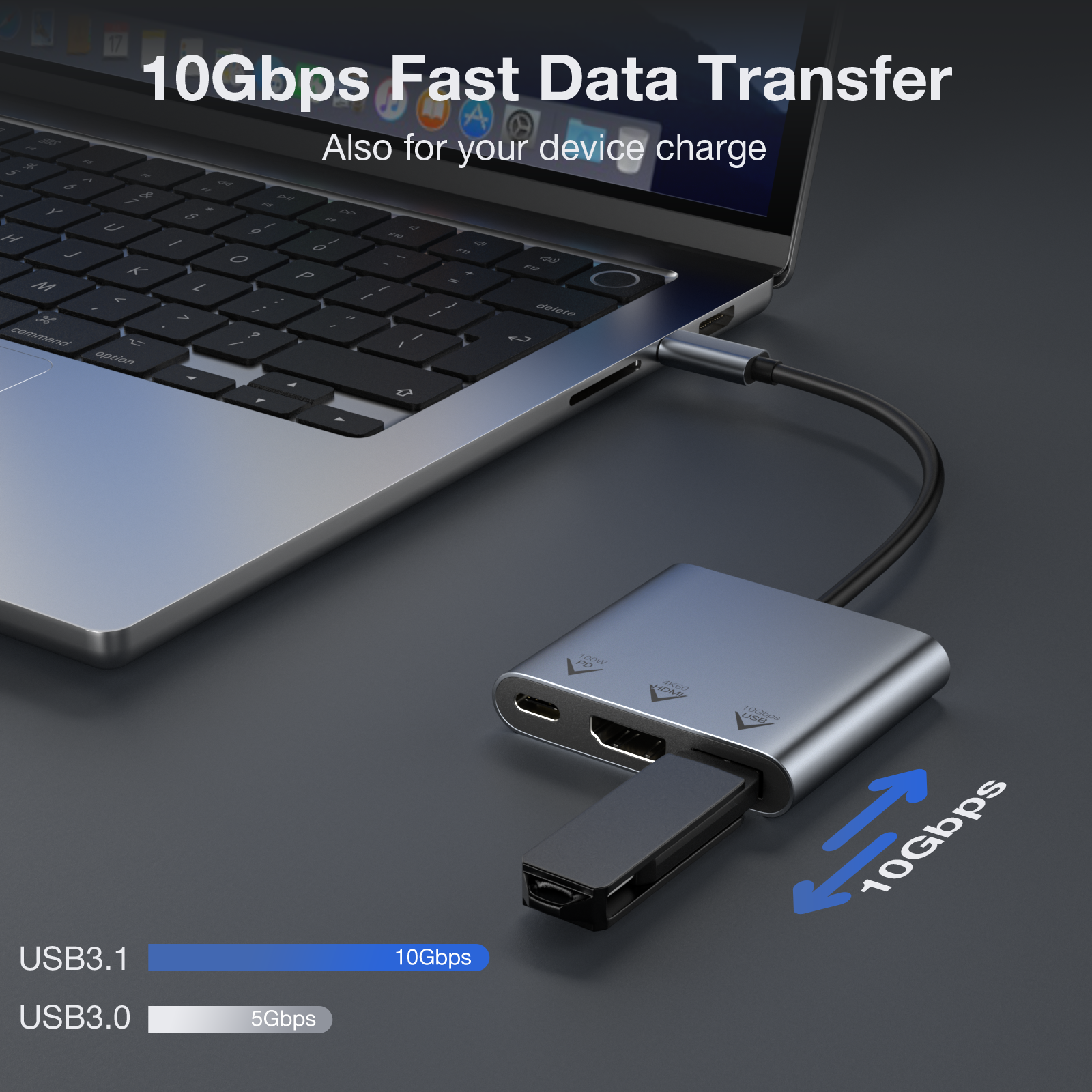 3-in-1 Aluminum USB-C Hub Adapter | 4K 60Hz HDMI, 10Gbps USB, 100W PD Fast Charging