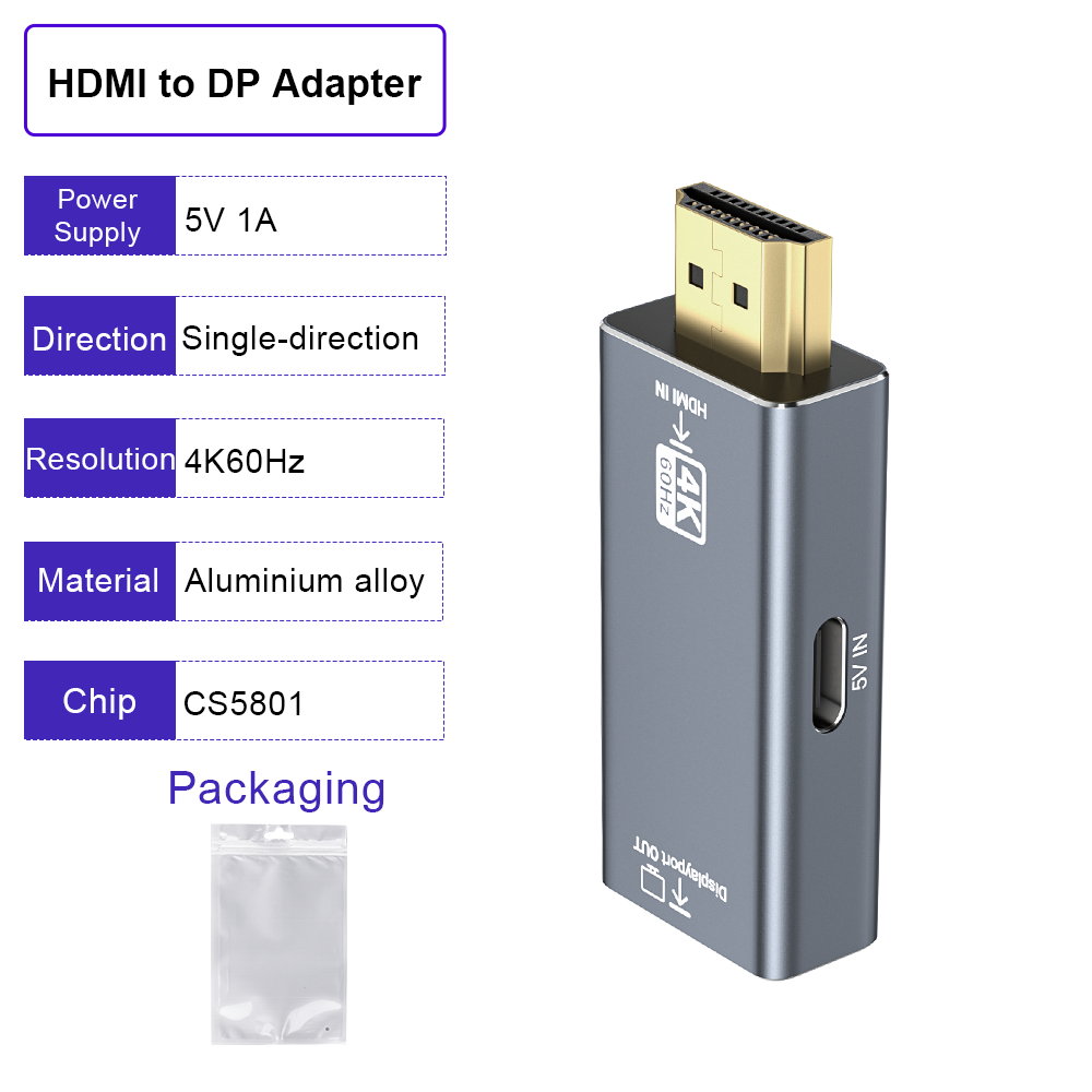 HDMI Source to DP Monitor Adapter | 4K 60Hz Uni-Directional Male-to-Female Converter