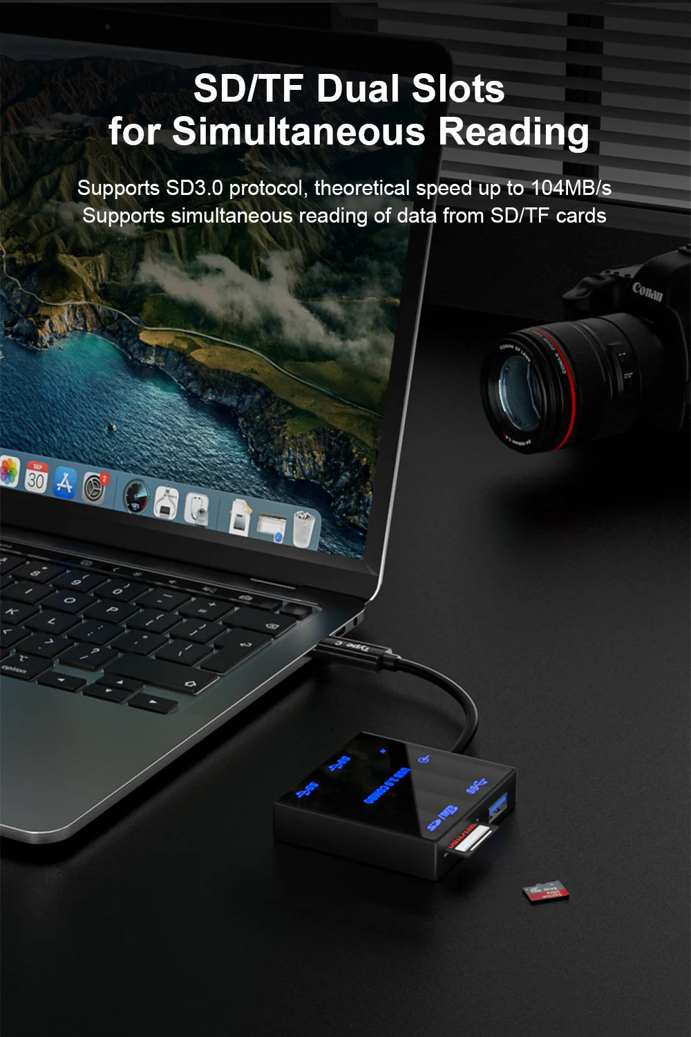USB 3.0 Hub Docking Station – Portable Luminous Type-C Adapter with 5Gbps Transfer, USB-A, SD/TF & DC-IN Ports