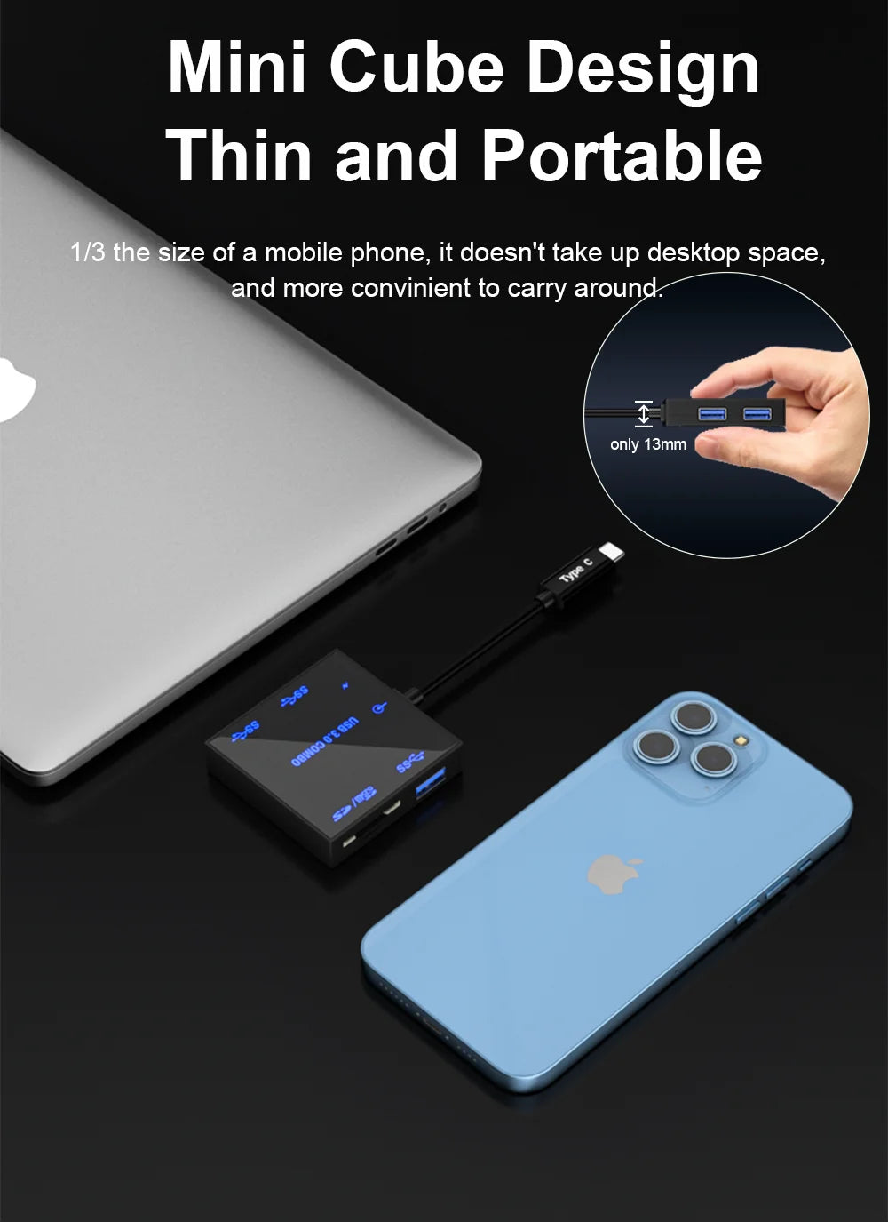 USB 3.0 Hub Docking Station – Portable Luminous Type-C Adapter with 5Gbps Transfer, USB-A, SD/TF & DC-IN Ports