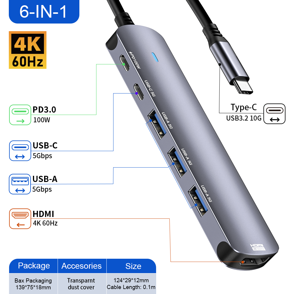 6-in-1 USB-C Hub with HDMI 4K 60Hz, USB Type-C Multiport Adapter