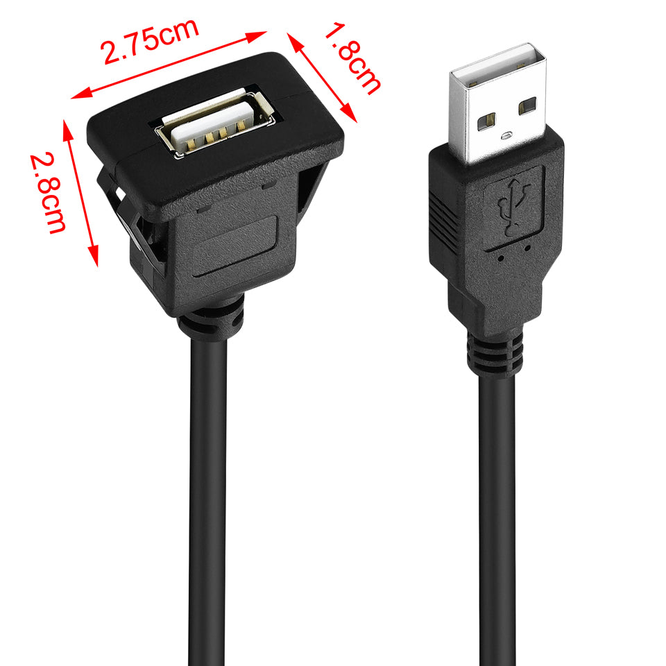 USB 2.0 A Male to Female Flush Mount Panel Cable Shielded For Car Motorcycle 1m