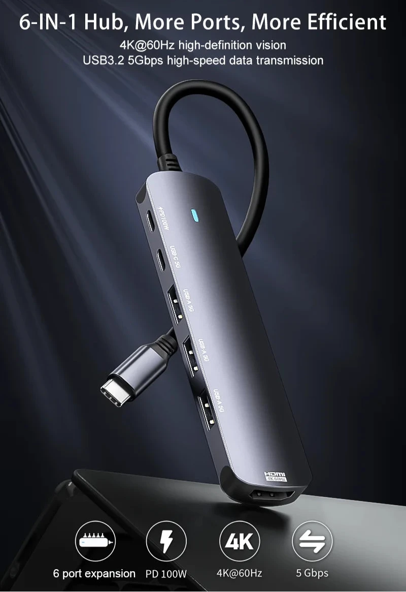 6-in-1 USB-C Hub with HDMI 4K 60Hz, USB Type-C Multiport Adapter