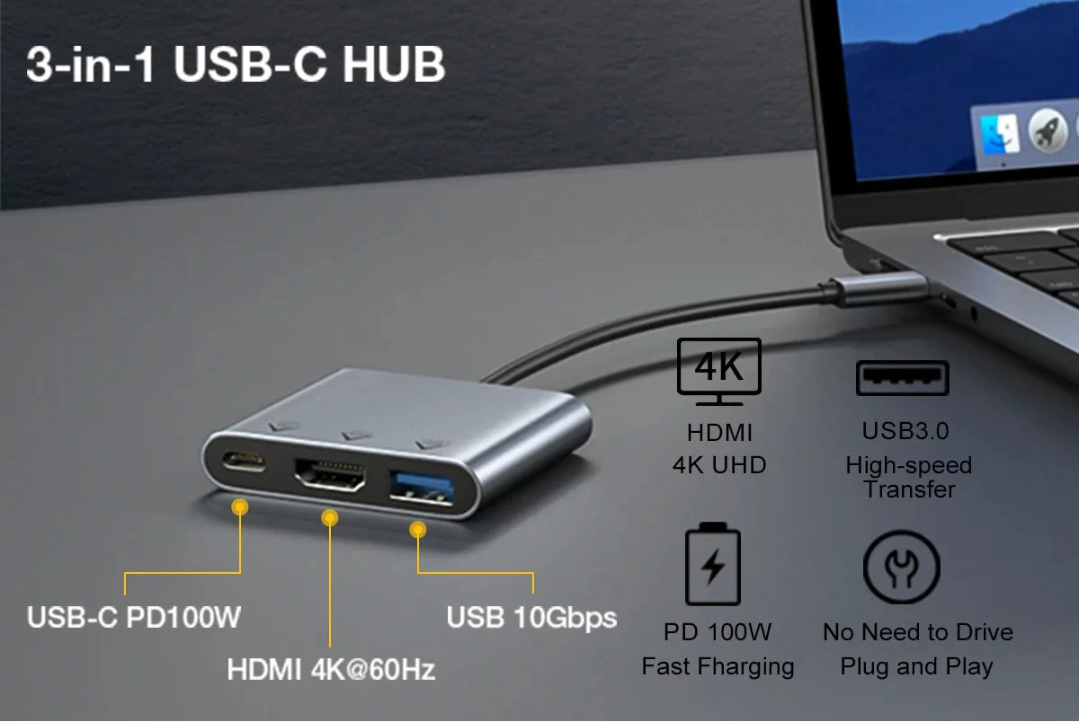 3-in-1 Aluminum USB-C Hub Adapter | 4K 60Hz HDMI, 10Gbps USB, 100W PD Fast Charging