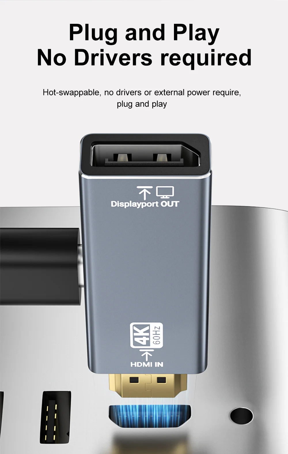 HDMI Source to DP Monitor Adapter | 4K 60Hz Uni-Directional Male-to-Female Converter