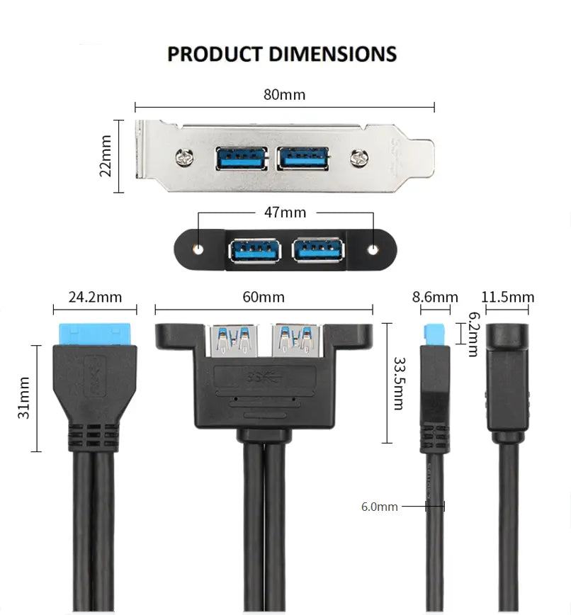 Motherboard Header 20pin Female to Dual USB-A 3.0 Female Panel Mount Cable 0.5m