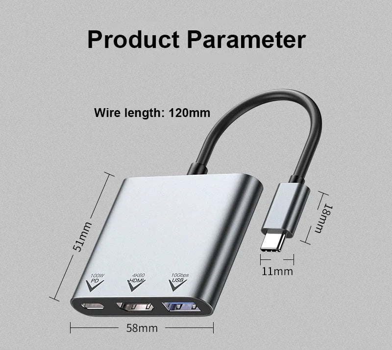 3-in-1 Aluminum USB-C Hub Adapter | 4K 60Hz HDMI, 10Gbps USB, 100W PD Fast Charging