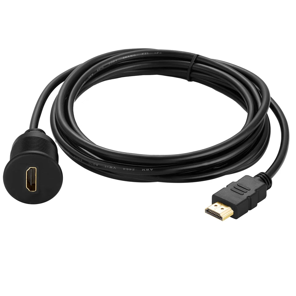 A black HDMI male to female car mount extension cable with a flush mount design, accompanied by mounting accessories.