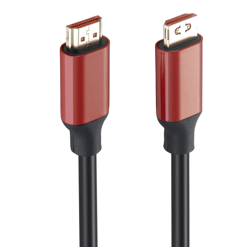 An HDMI cable with red and black connectors and a black sleeve.