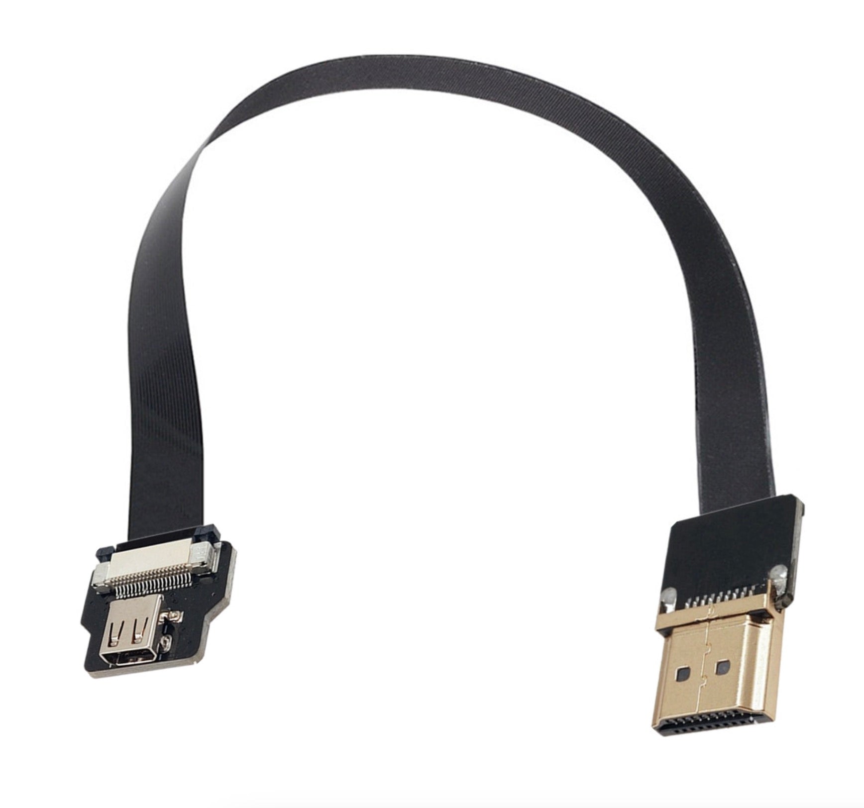 An HDMI male to micro HDMI female flat FPV audio-video extension cable, colored black.