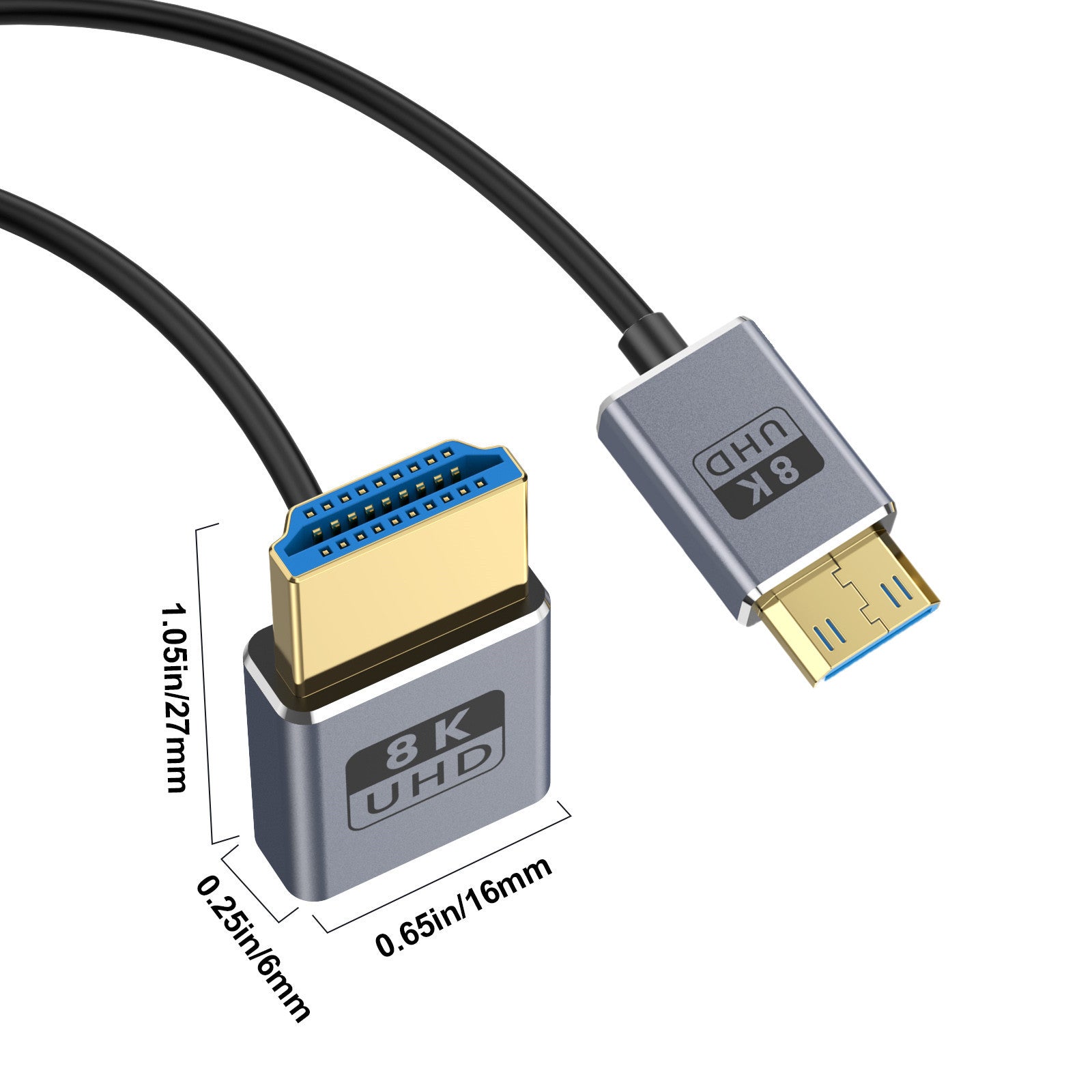 Mini HDMI to HDMI 2.1 Coaxial Extreme Slim Cable,  8K@60H Ultra High Speed 48Gbps |  Down Angle