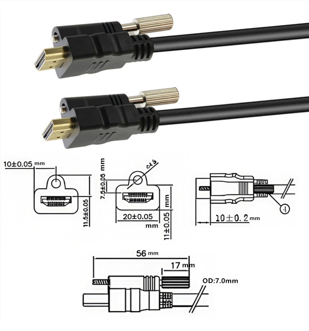 HDMI cables with connectors and technical drawings on a white background