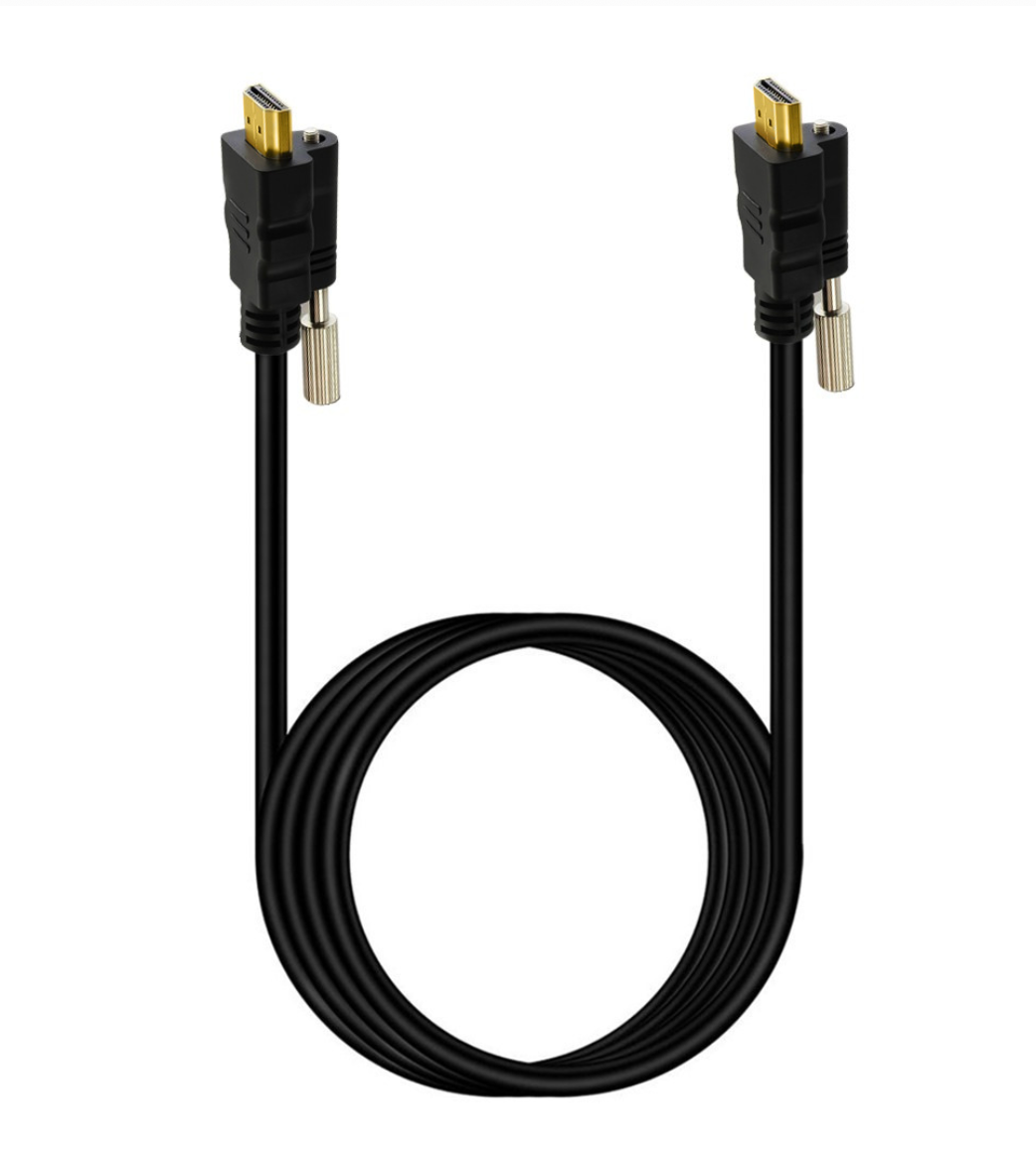 Black HDMI cable with gold connectors on a white background