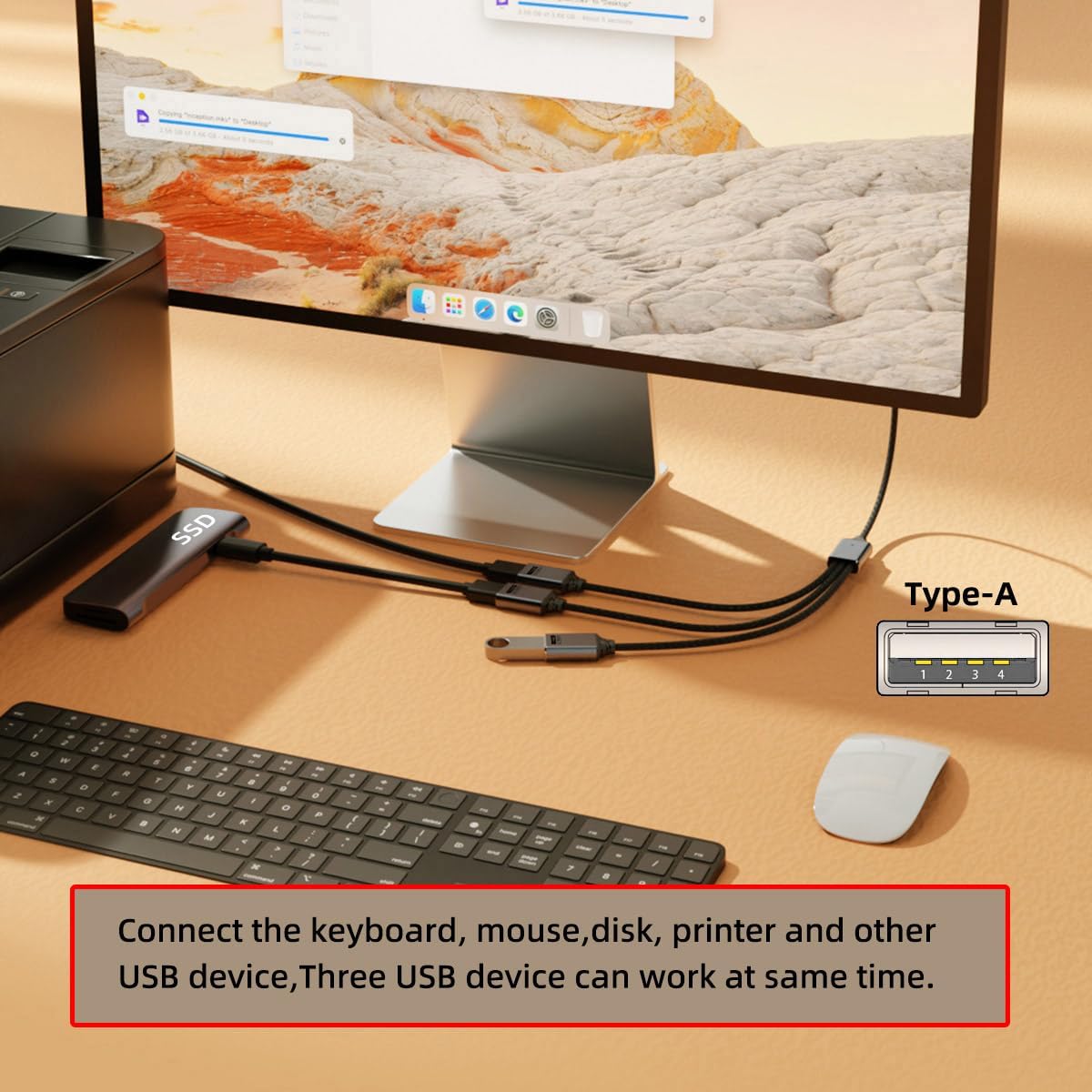 USB 2.0 Type-A 3 Port Hub Cable | 1-to-3 Data Splitter for Laptop, Phone, Mouse, Keyboard, Printer