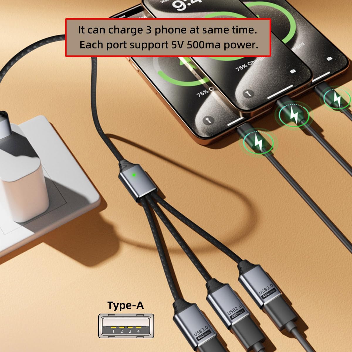 USB 2.0 Type-A 3 Port Hub Cable | 1-to-3 Data Splitter for Laptop, Phone, Mouse, Keyboard, Printer