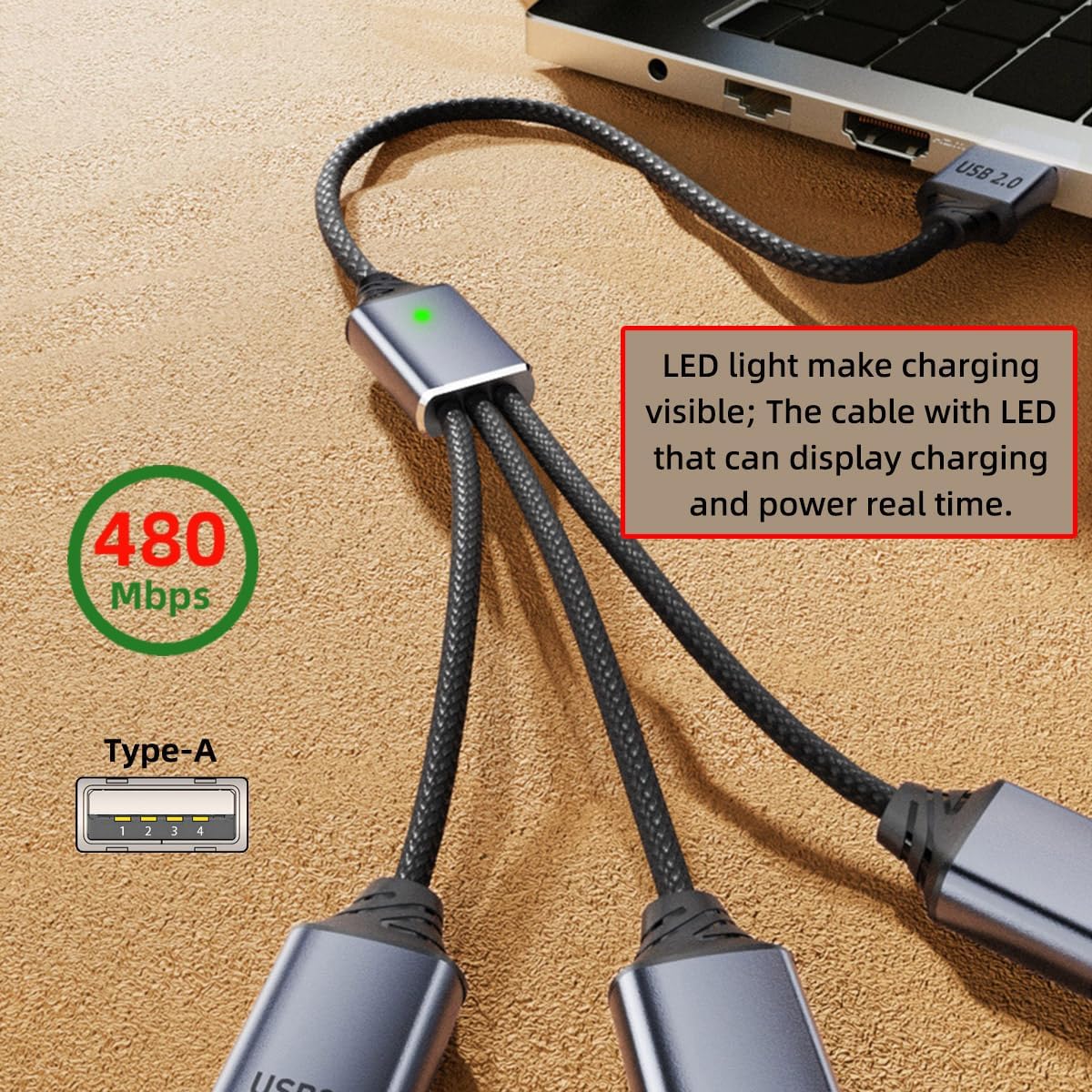 USB 2.0 Type-A 3 Port Hub Cable | 1-to-3 Data Splitter for Laptop, Phone, Mouse, Keyboard, Printer