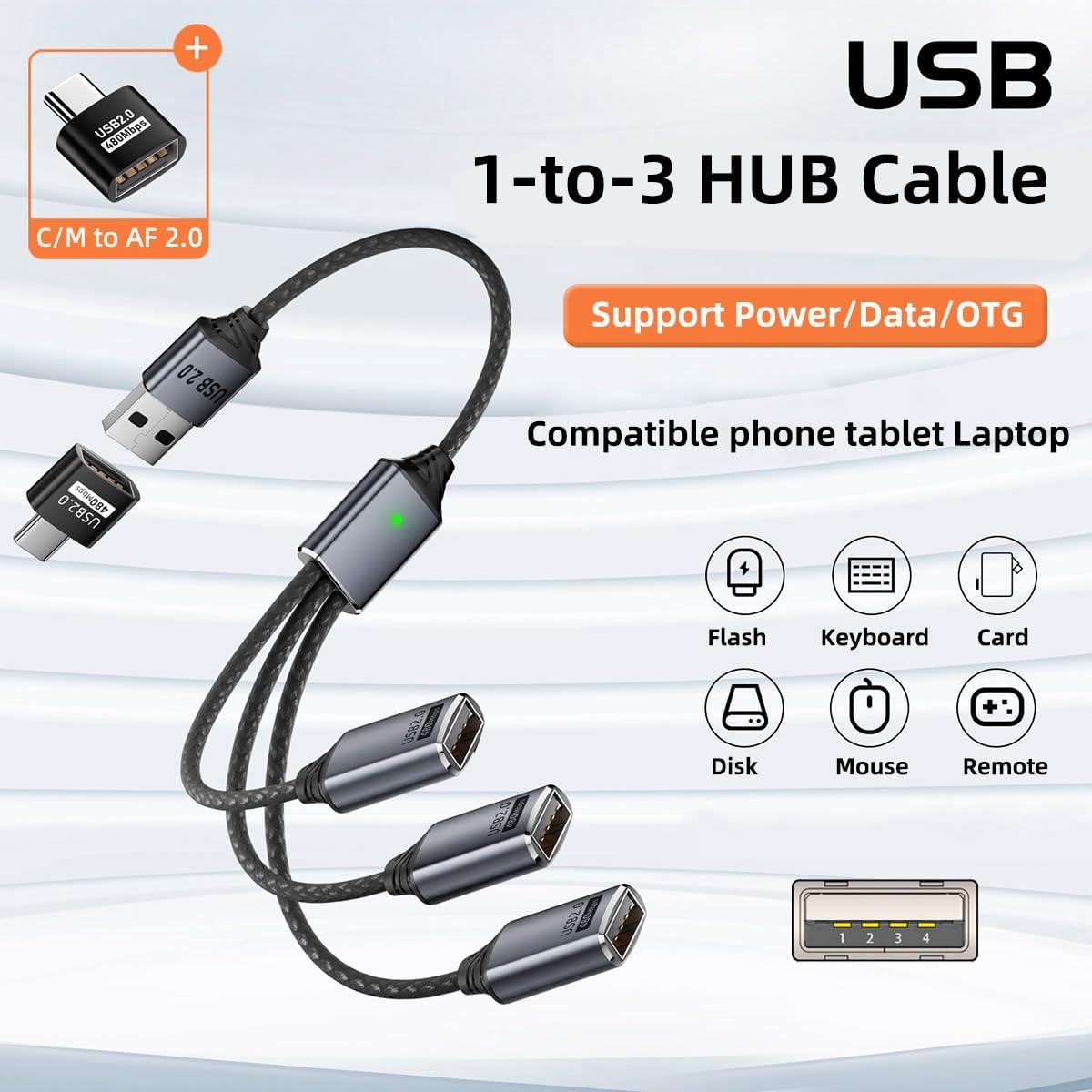 USB 2.0 Type-A 3 Port Hub Cable | 1-to-3 Data Splitter for Laptop, Phone, Mouse, Keyboard, Printer