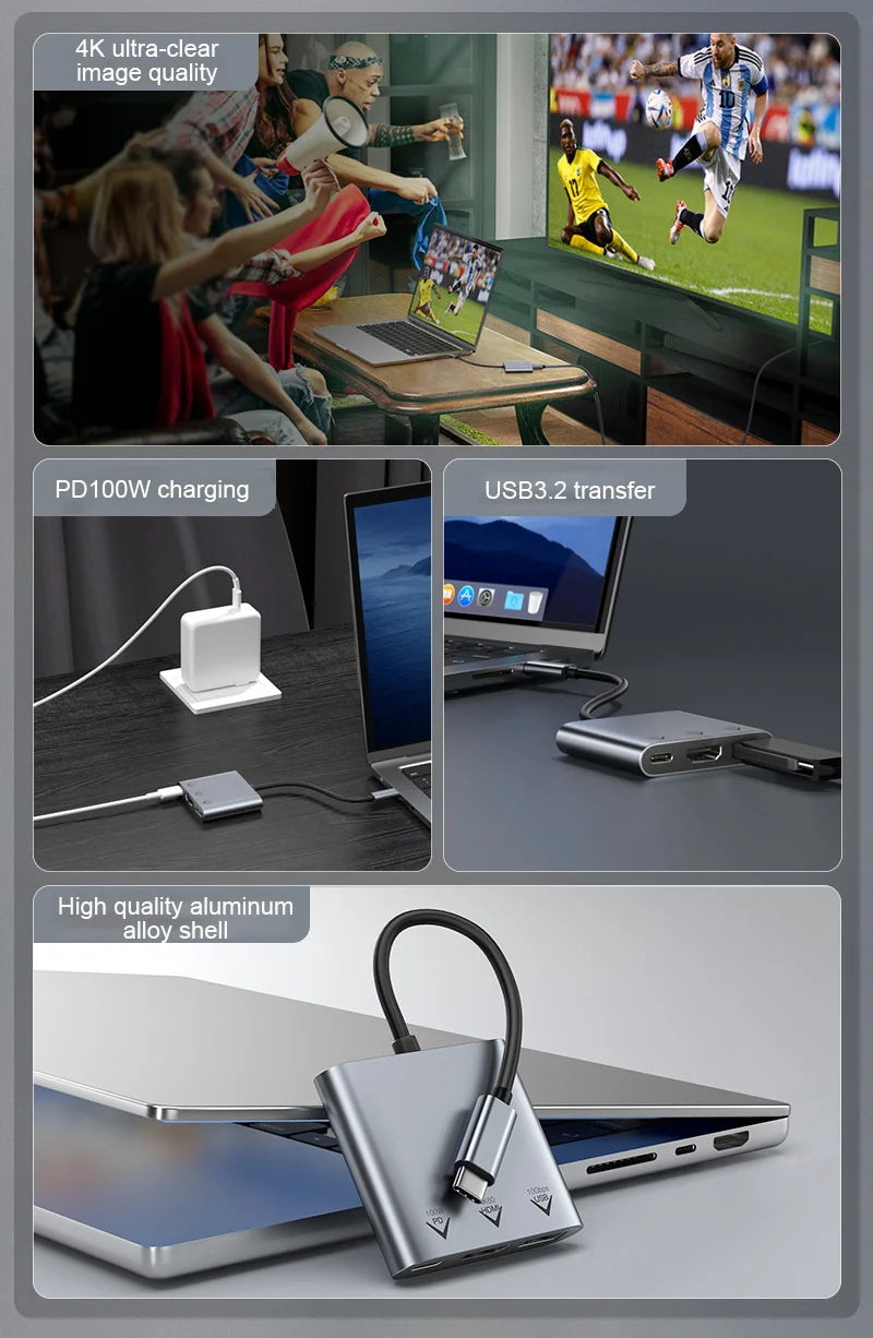 3-in-1 Aluminum USB-C Hub Adapter | 4K 60Hz HDMI, 10Gbps USB, 100W PD Fast Charging