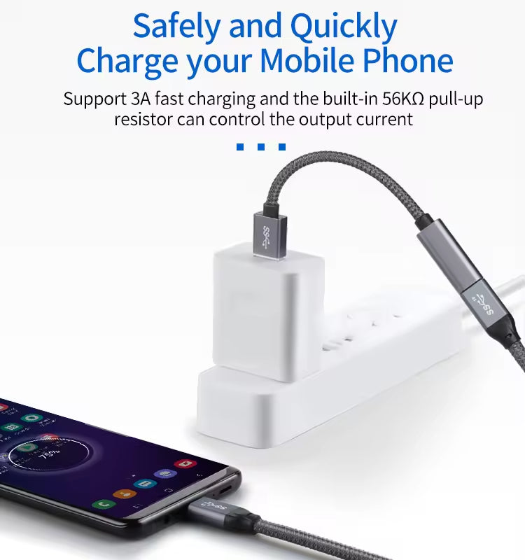 USB-A to USB-C 3.1 Adapter Cable – 5Gbps High Speed, 20V 3A Fast Charge, Braided Design