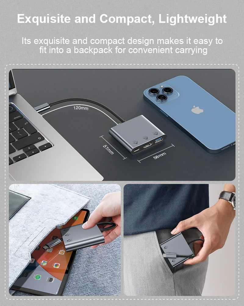 3-in-1 Aluminum USB-C Hub Adapter | 4K 60Hz HDMI, 10Gbps USB, 100W PD Fast Charging