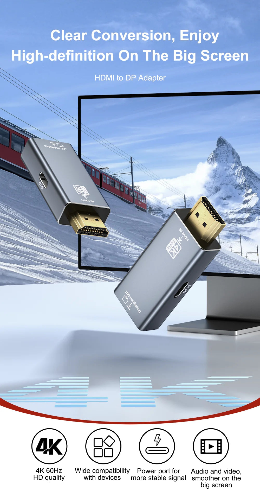 HDMI Source to DP Monitor Adapter | 4K 60Hz Uni-Directional Male-to-Female Converter