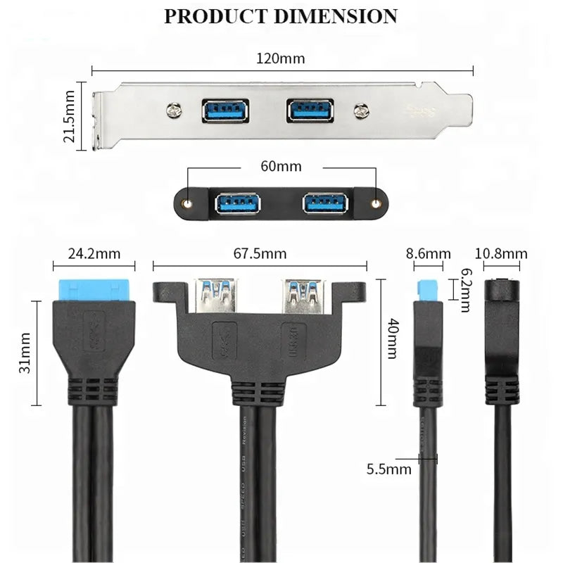 20Pin Motherboard Header Female to Dual USB-A 3.0 Female Panel Mount Cable 0.5m