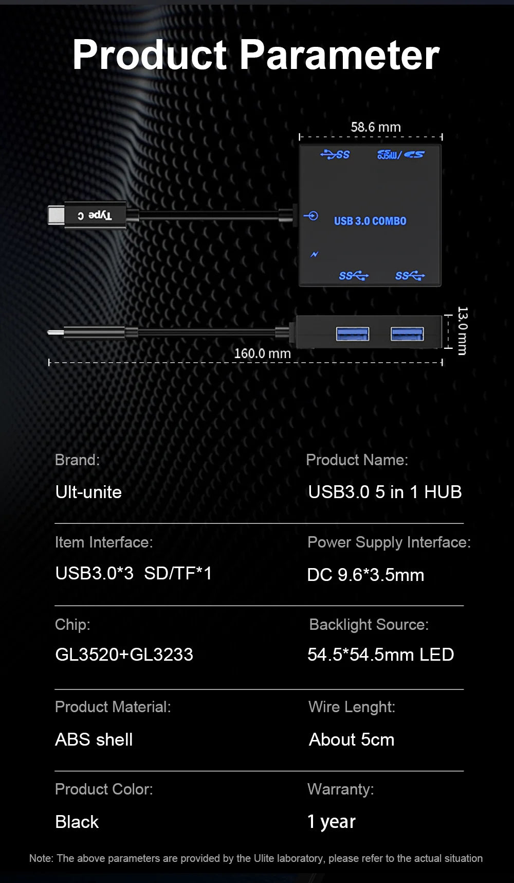 USB 3.0 Hub Docking Station – Portable Luminous Type-C Adapter with 5Gbps Transfer, USB-A, SD/TF & DC-IN Ports