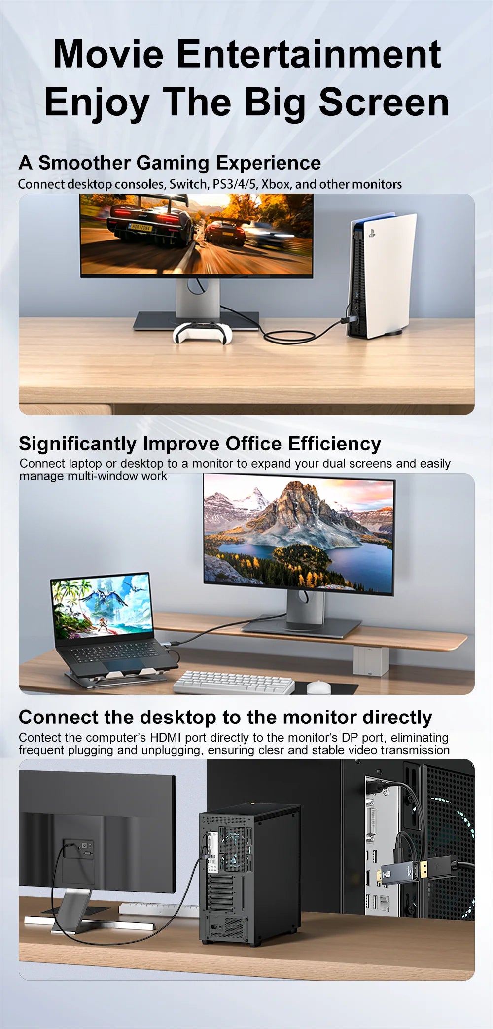 HDMI Source to DP Monitor Adapter | 4K 60Hz Uni-Directional Male-to-Female Converter