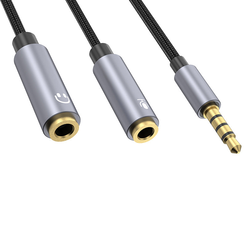Headphone and mic splitter cable with aluminum housing close-up