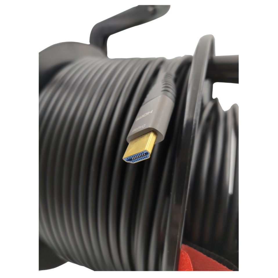 Heavy-duty HDMI AOC cable wound on durable PE+PC reel for pro AV use