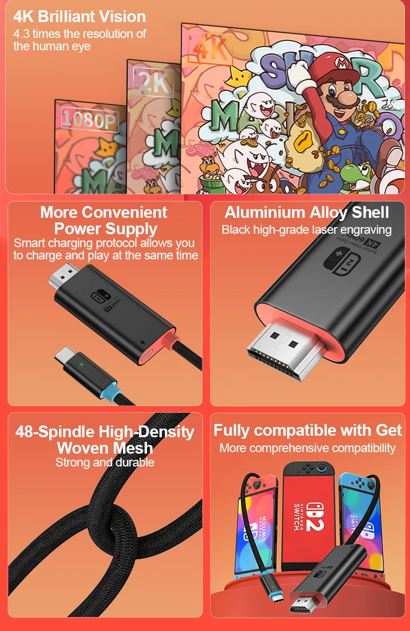 USB-C to HDMI Cable with PD100W Fast Charging – 4K 60Hz Adapter for Nintendo Switch, Phones, Tablets & Laptops