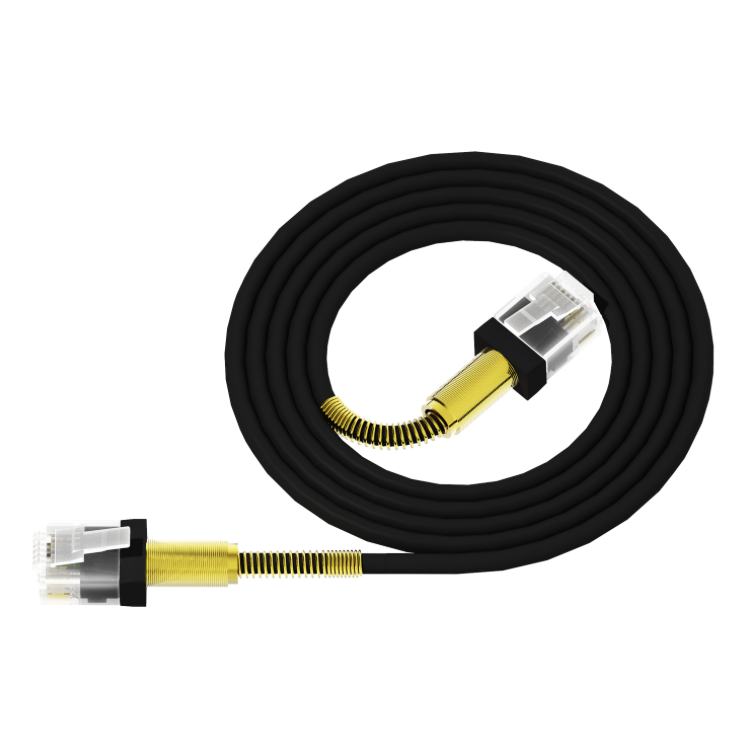 Coiled black Ethernet cable with gold connectors on a white background