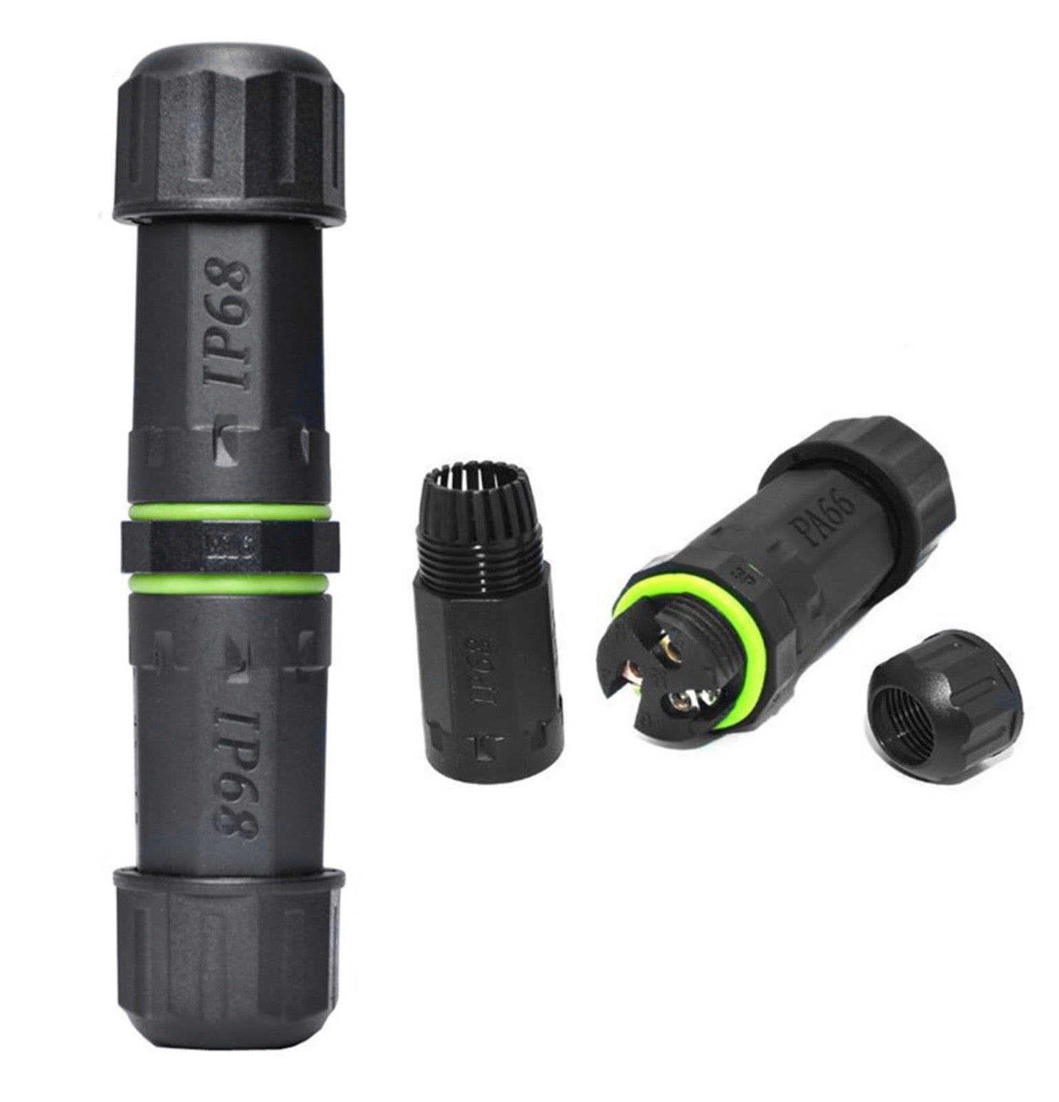 IP68 M16 4Pin Waterproof Junction Box with black PC casing and green detailing, including a silicone sealing ring and an external sleeve coupler, displayed alongside its components.