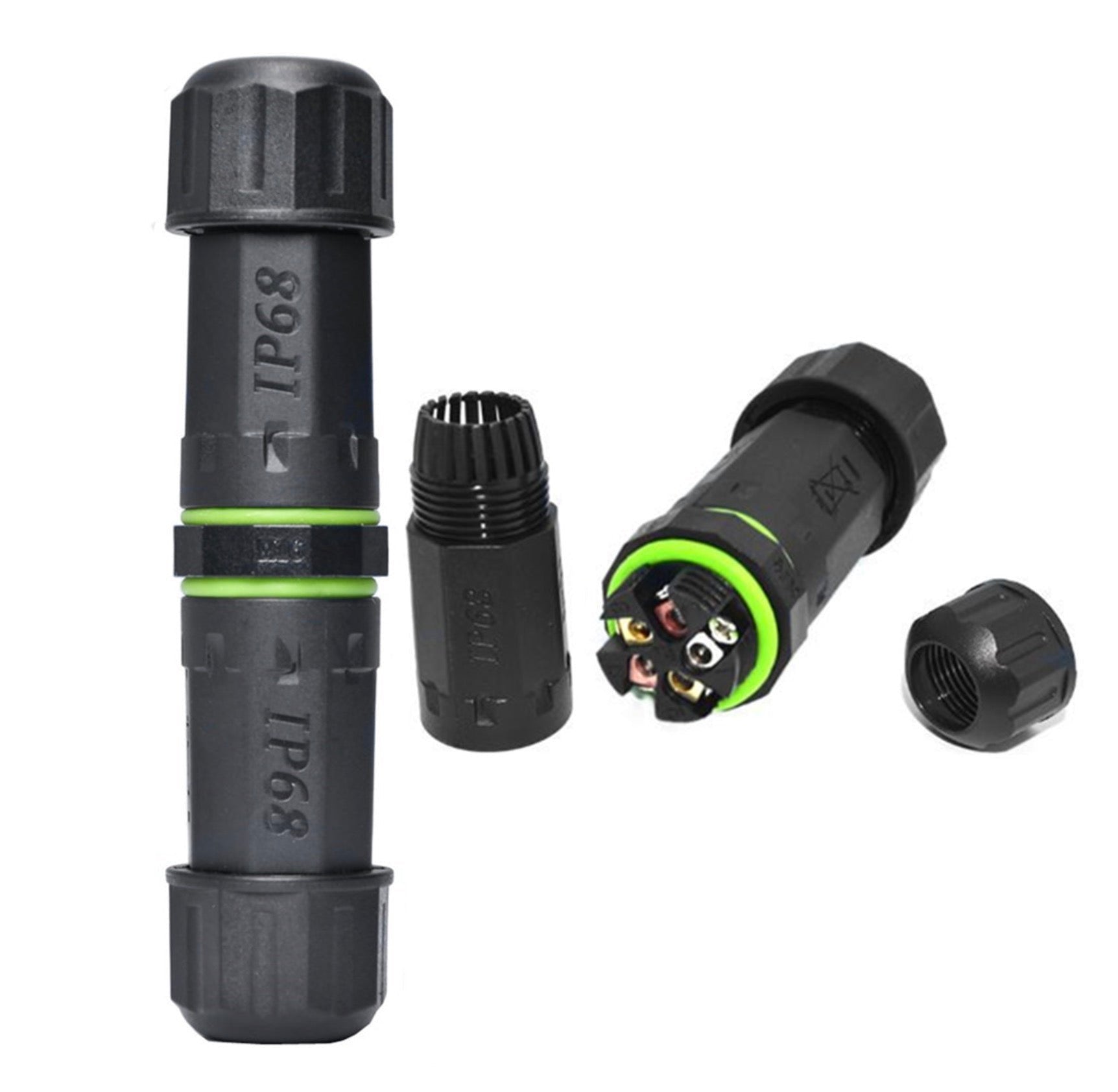 IP68 M16 5Pin Waterproof Junction Box with black ABS plastic casing and green detailing, including a silicone sealing ring and a nylon elastic wiring port.