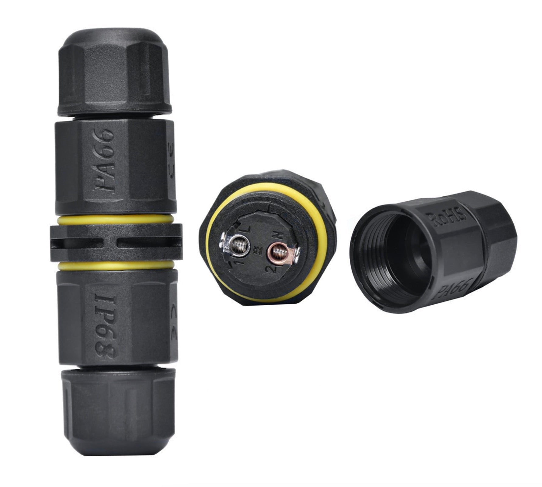 An IP68 2Pins Junction Box Connector with black color and M20 plug, including a set of rubber grommets in yellow and a cable clamp.