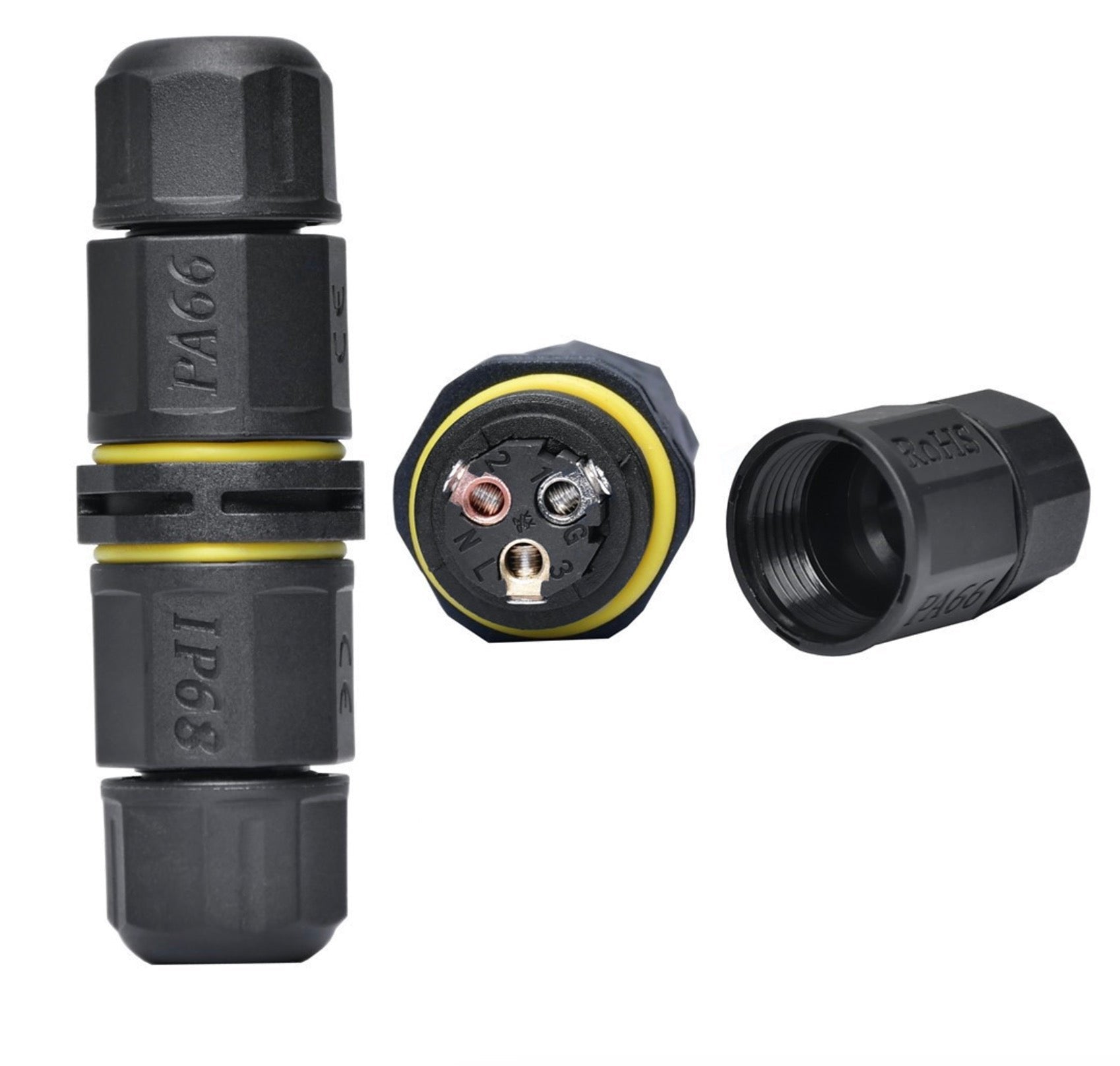 An IP68 3 Pins Junction Box Connector, black in color, with an external sleeve and a connector for underground cables, featuring rubber grommets and a yellow cable insert.