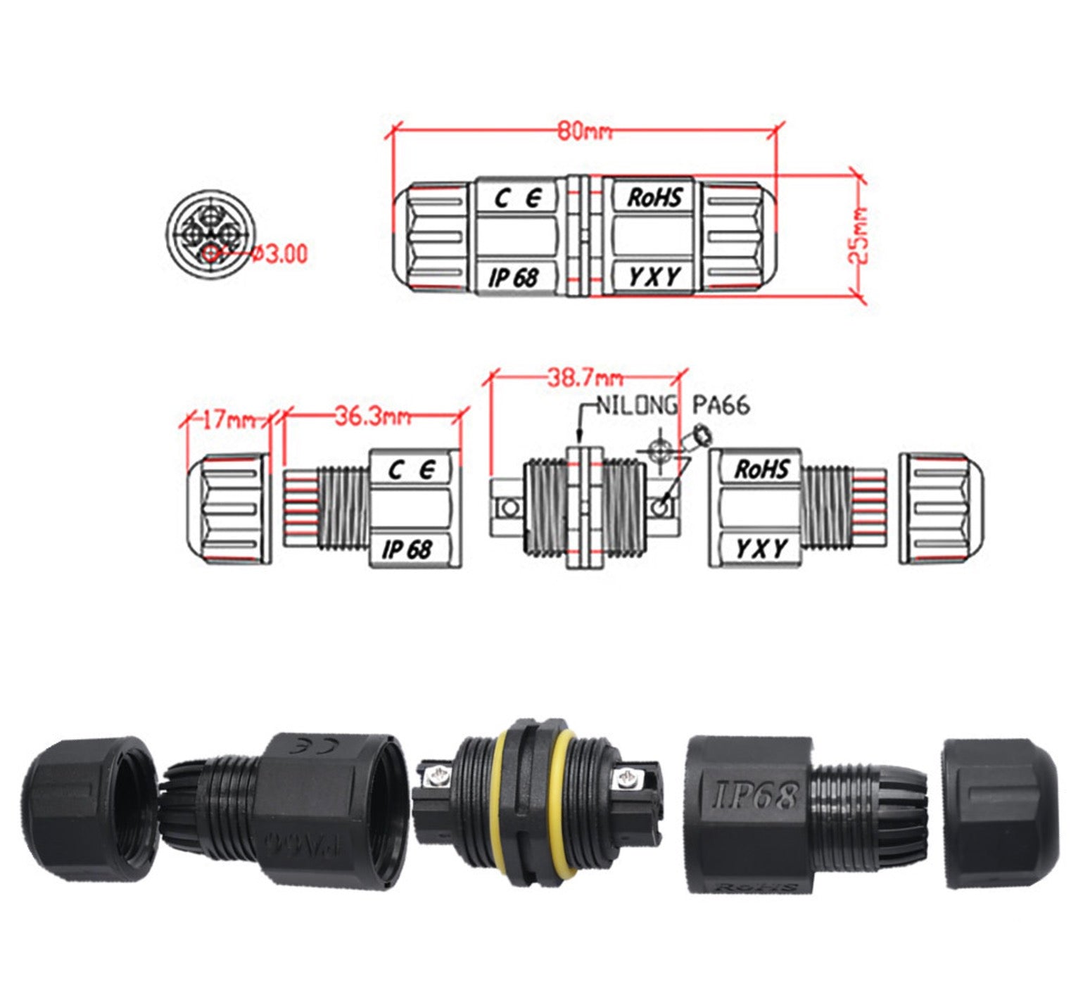 IP68 3-pin M20 waterproof junction box power cable connector