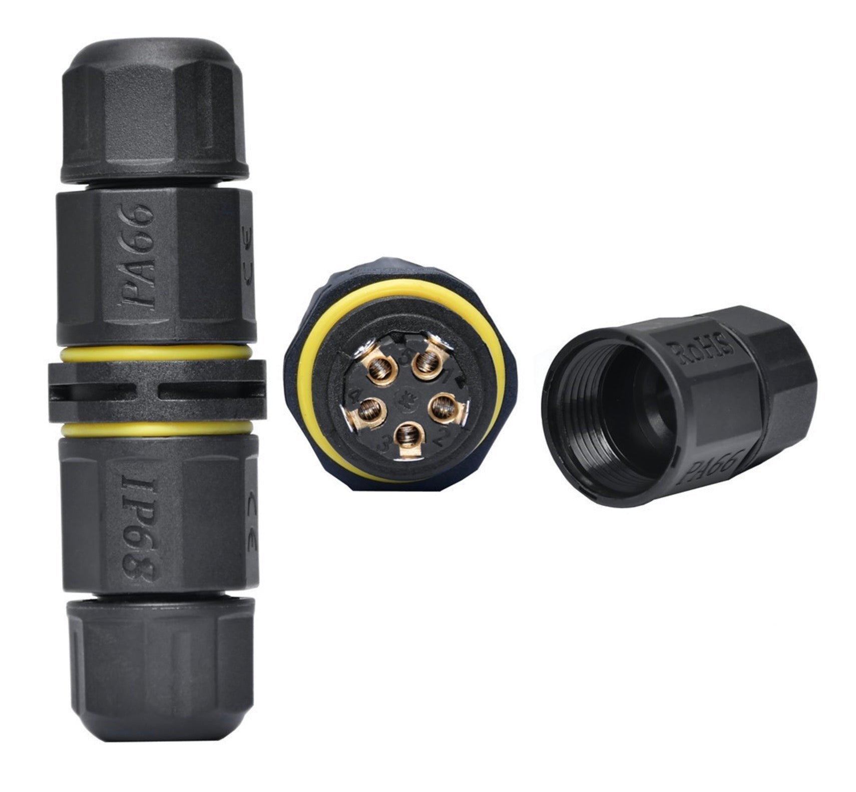 An IP68 5 pole junction box connector with a 2-way M20 plug, black in color, designed for outdoor and indoor use.
