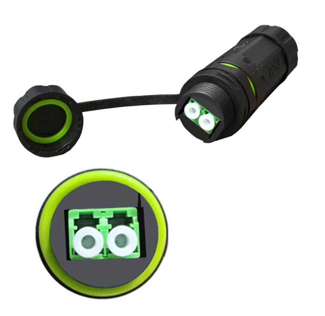 An IP68 waterproof fibre optical coupler, featuring a black and green color scheme, designed to connect network cables.