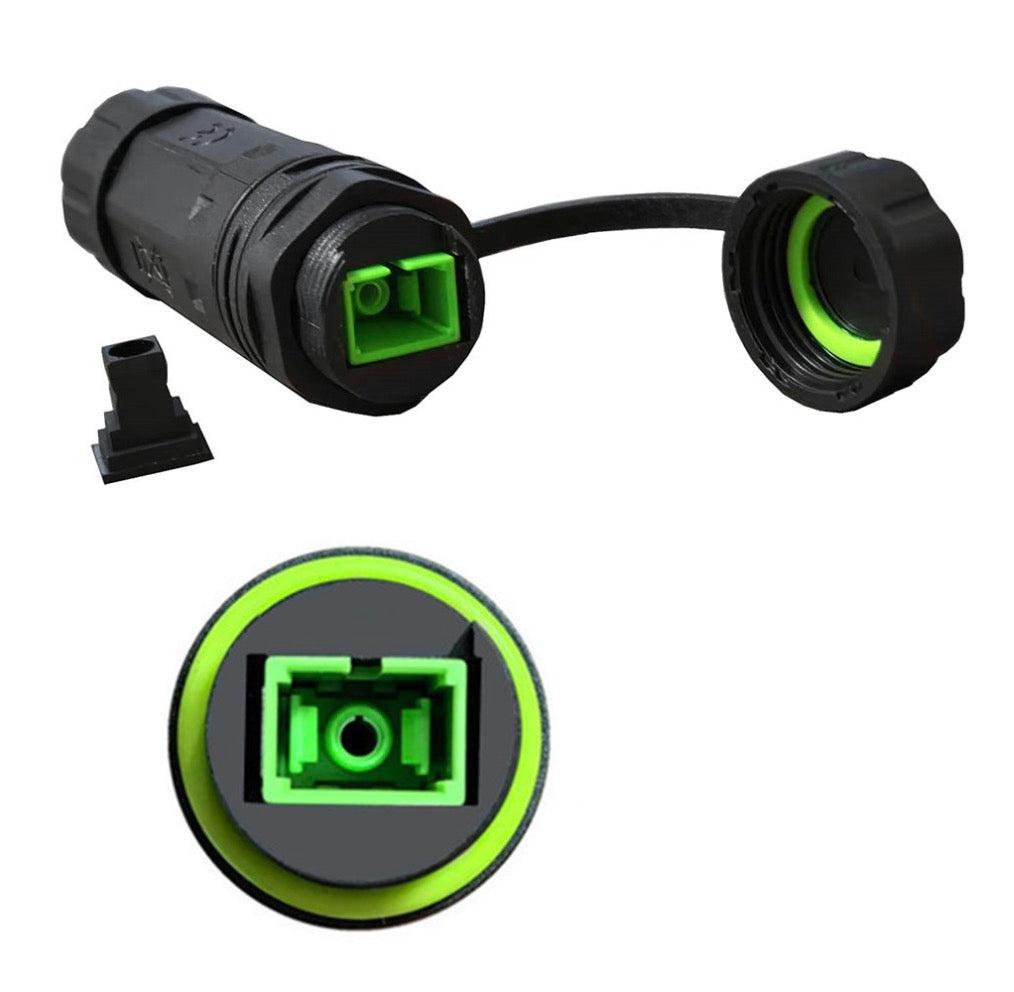 An IP68 waterproof fibre optic coupler with SC-SC mono female to female connector, featuring a black body with green accents and a waterproof cover on one end.