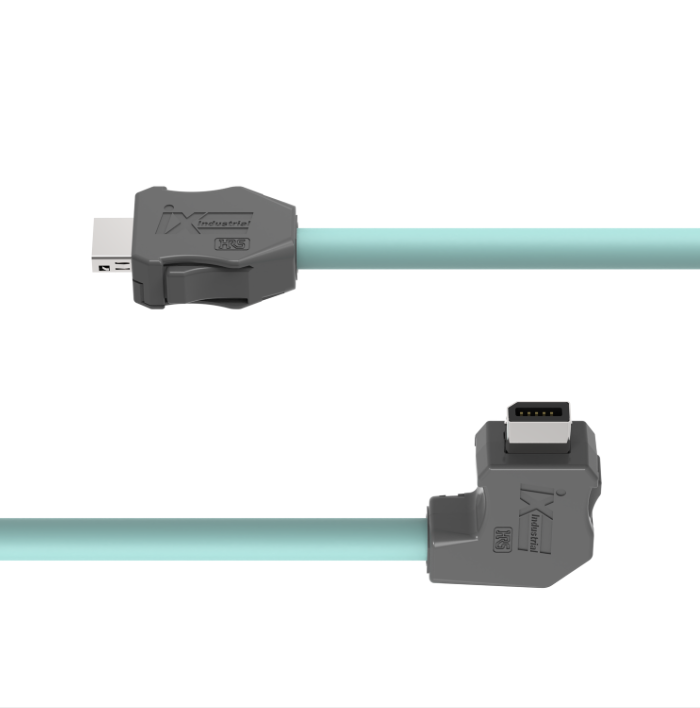 Two gray connectors with a light blue cable on a white background
