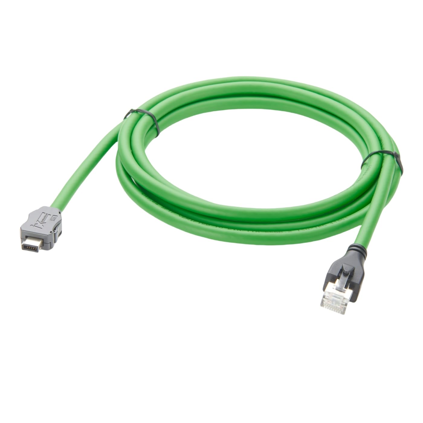 Green Ethernet cable with connectors on a white background