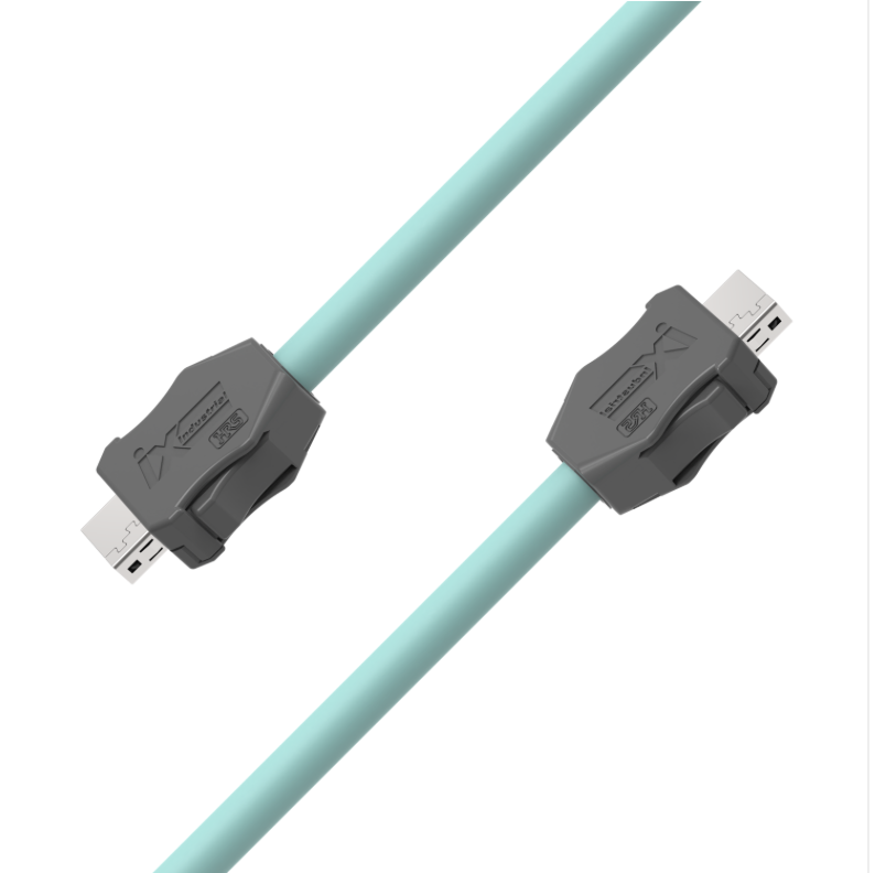 Light blue cable with gray connectors on a white background