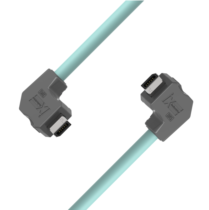 Light blue cable with right-angle connectors on a white background